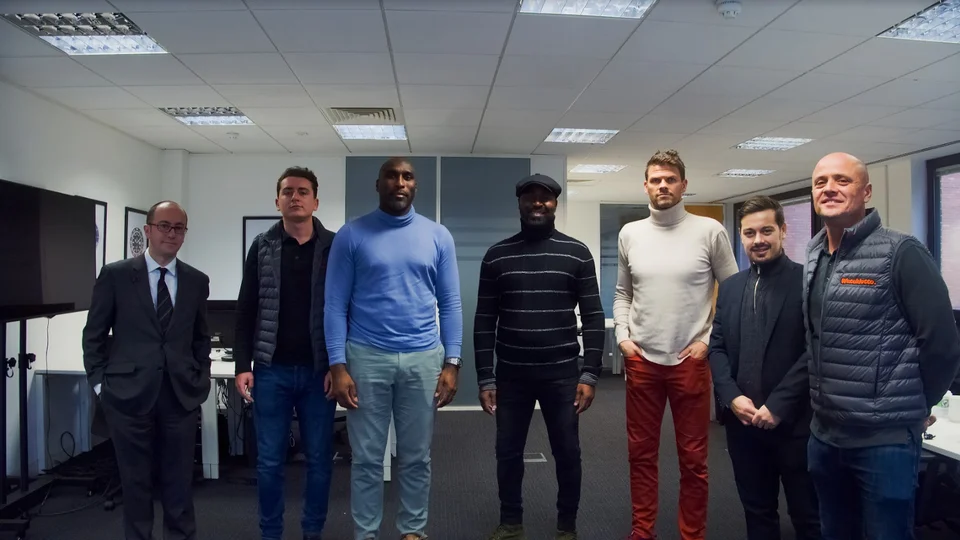 Harrison Gwinnett, Sol Campbell, Andy Cole and the team at an official Watchlotto judging session