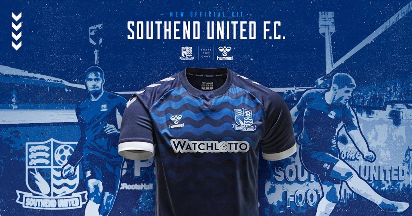 Southend United’s official 2020/21 home kit launch artwork with Watchlotto on the shirt